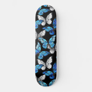 Dark Seamless Pattern with Blue Butterflies Morpho Skateboard