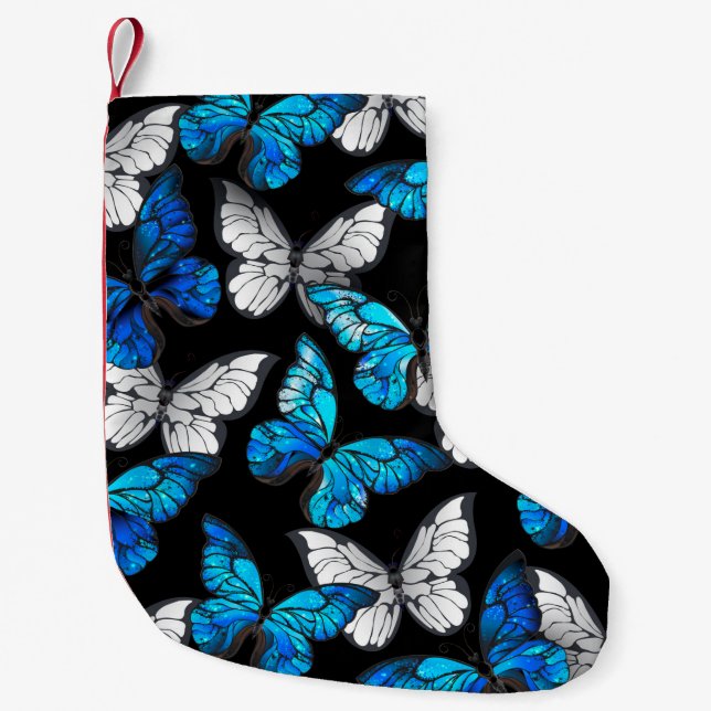 Dark Seamless Pattern with Blue Butterflies Morpho Small Christmas Stocking (Front)