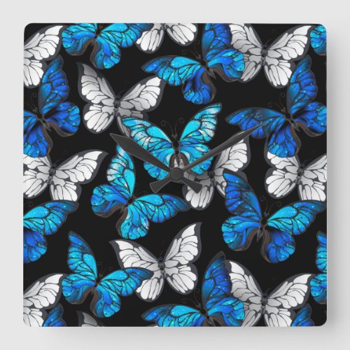Dark Seamless Pattern with Blue Butterflies Morpho Square Wall Clock