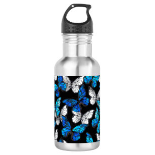 Dark Seamless Pattern with Blue Butterflies Morpho Stainless Steel Water Bottle