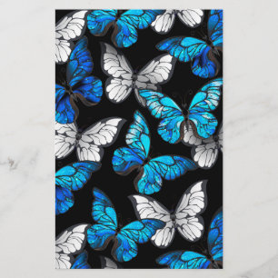 Dark Seamless Pattern with Blue Butterflies Morpho Stationery