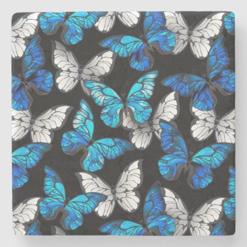 Dark Seamless Pattern with Blue Butterflies Morpho Stone Coaster