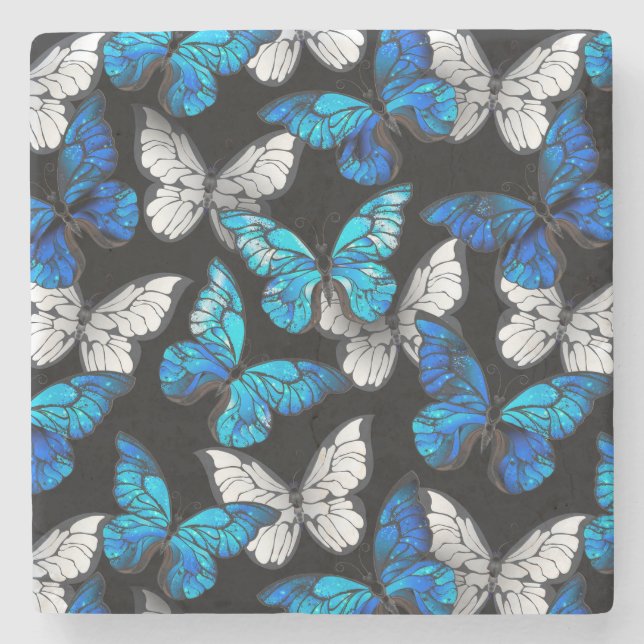 Dark Seamless Pattern with Blue Butterflies Morpho Stone Coaster (Front)