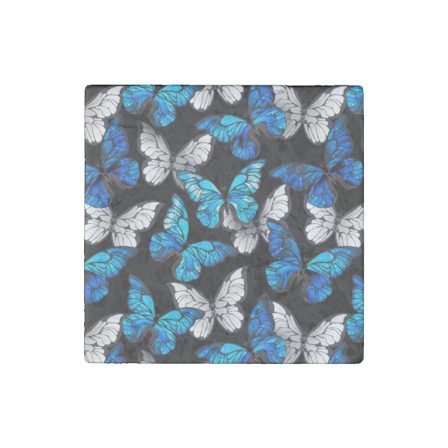 Dark Seamless Pattern with Blue Butterflies Morpho Stone Magnet (Front)