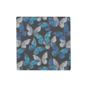 Dark Seamless Pattern with Blue Butterflies Morpho Stone Magnet