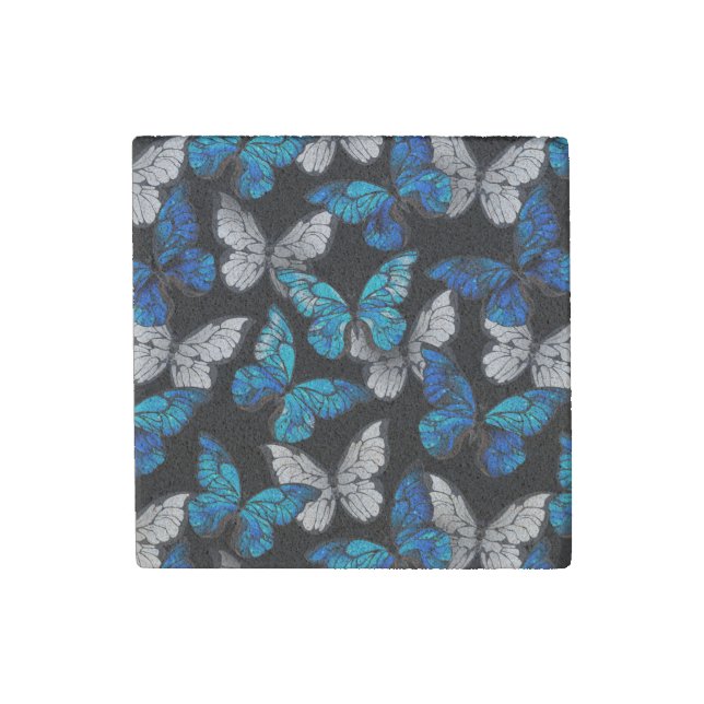 Dark Seamless Pattern with Blue Butterflies Morpho Stone Magnet (Front)