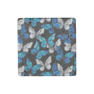 Dark Seamless Pattern with Blue Butterflies Morpho Stone Magnet
