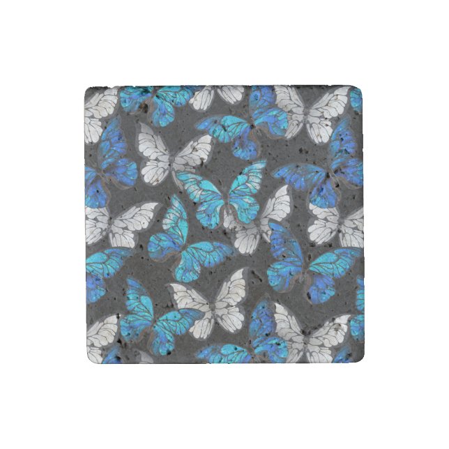 Dark Seamless Pattern with Blue Butterflies Morpho Stone Magnet (Front)