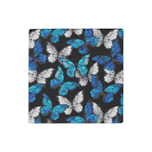 Dark Seamless Pattern with Blue Butterflies Morpho Stone Magnet