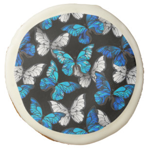 Dark Seamless Pattern with Blue Butterflies Morpho Sugar Cookie