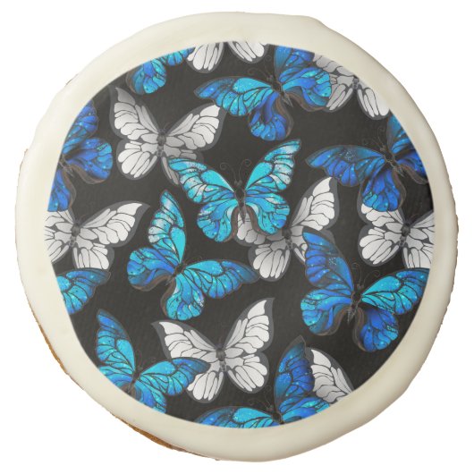 Dark Seamless Pattern with Blue Butterflies Morpho Sugar Cookie (Front)