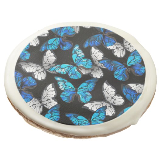 Dark Seamless Pattern with Blue Butterflies Morpho Sugar Cookie (Angled)