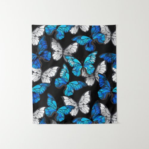 Dark Seamless Pattern with Blue Butterflies Morpho Tapestry