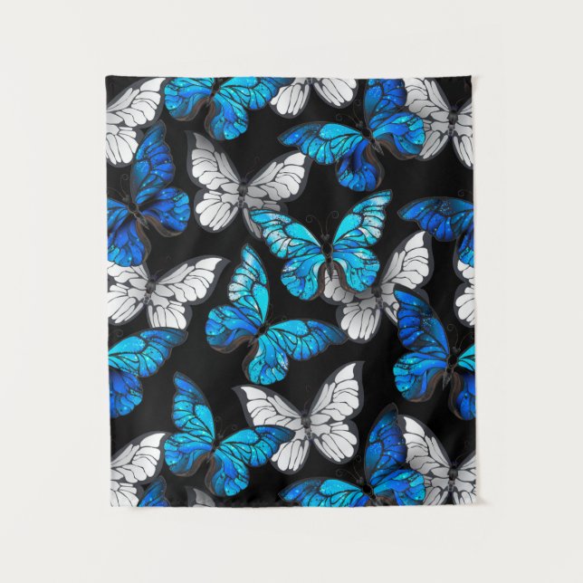 Dark Seamless Pattern with Blue Butterflies Morpho Tapestry (Front)