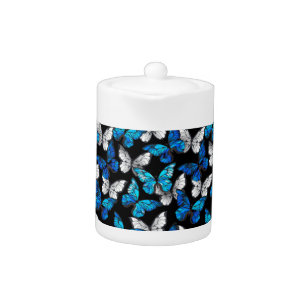 Dark Seamless Pattern with Blue Butterflies Morpho Teapot