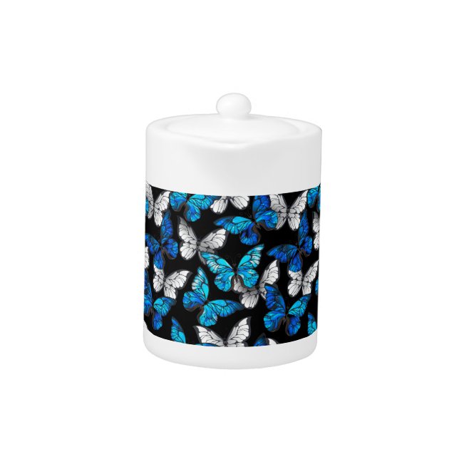 Dark Seamless Pattern with Blue Butterflies Morpho Teapot (Front)