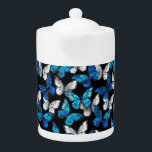 Dark Seamless Pattern with Blue Butterflies Morpho Teapot<br><div class="desc">Realistic,  blue and white butterflies seamless pattern on black background.</div>