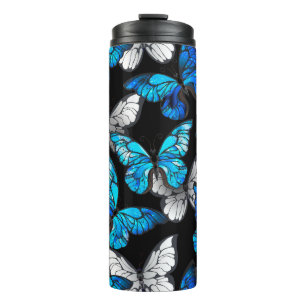 Dark Seamless Pattern with Blue Butterflies Morpho Thermal Tumbler