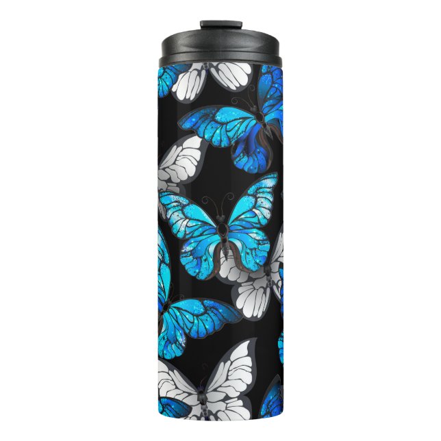 Dark Seamless Pattern with Blue Butterflies Morpho Thermal Tumbler (Front)
