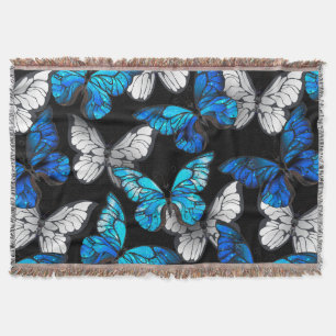 Dark Seamless Pattern with Blue Butterflies Morpho Throw Blanket