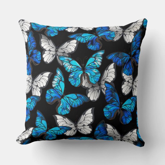 Dark Seamless Pattern with Blue Butterflies Morpho Throw Pillow (Front)