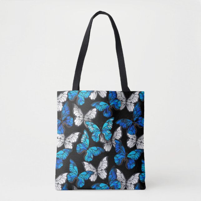 Dark Seamless Pattern with Blue Butterflies Morpho Tote Bag (Front)