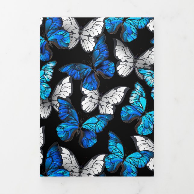 Dark Seamless Pattern with Blue Butterflies Morpho Tri-Fold Invitation (Cover)