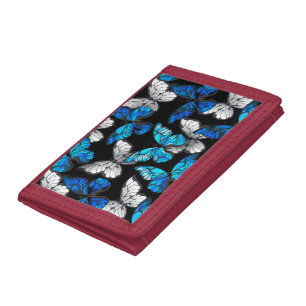 Dark Seamless Pattern with Blue Butterflies Morpho Trifold Wallet