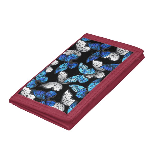 Dark Seamless Pattern with Blue Butterflies Morpho Trifold Wallet (Bottom)
