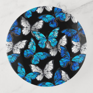 Dark Seamless Pattern with Blue Butterflies Morpho Trinket Tray