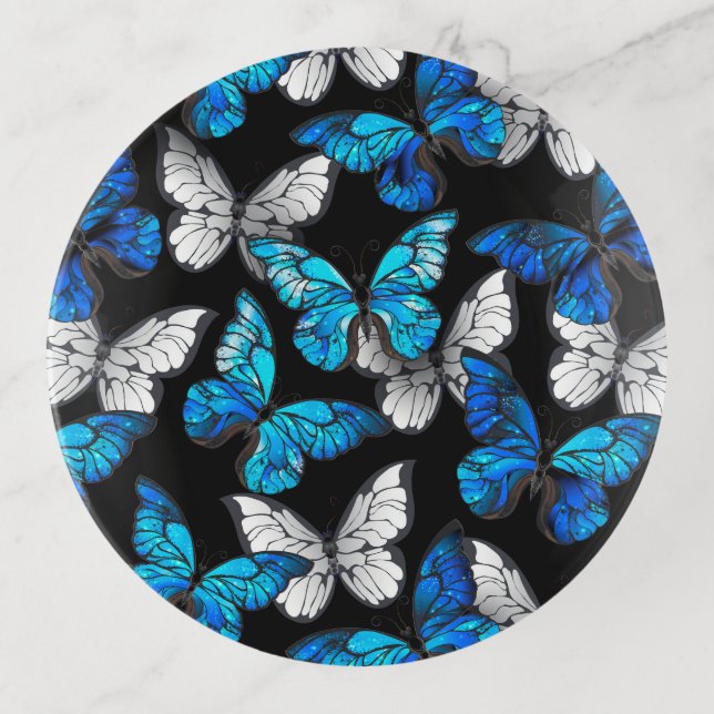 Dark Seamless Pattern with Blue Butterflies Morpho Trinket Tray (Front)
