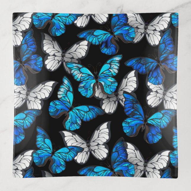 Dark Seamless Pattern with Blue Butterflies Morpho Trinket Tray (Front)