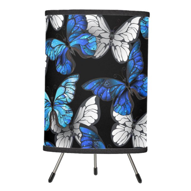 Dark Seamless Pattern with Blue Butterflies Morpho Tripod Lamp (Front)