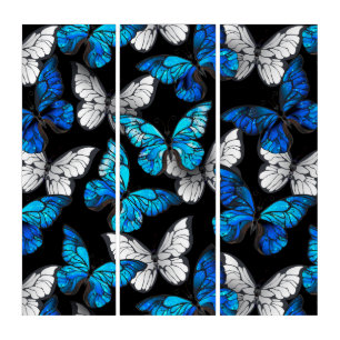 Dark Seamless Pattern with Blue Butterflies Morpho Triptych