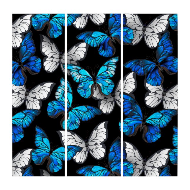 Dark Seamless Pattern with Blue Butterflies Morpho Triptych (Front)