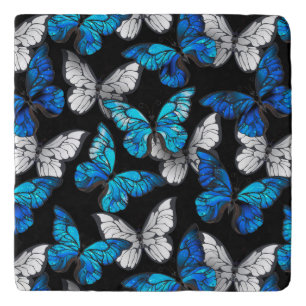 Dark Seamless Pattern with Blue Butterflies Morpho Trivet