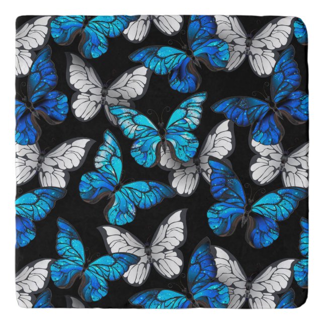 Dark Seamless Pattern with Blue Butterflies Morpho Trivet (Front)