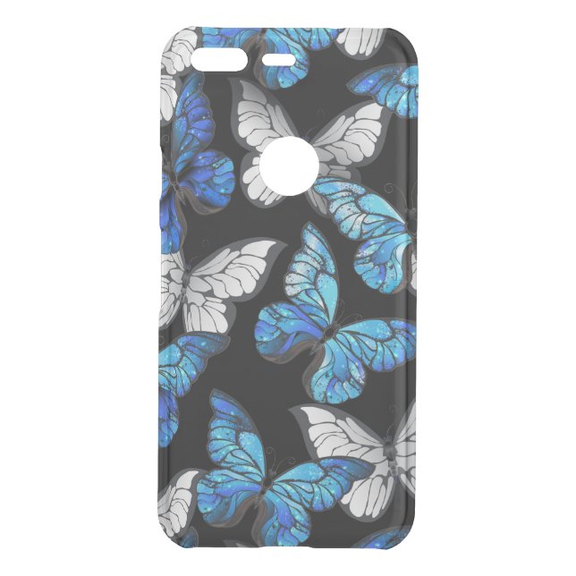 Dark Seamless Pattern with Blue Butterflies Morpho Uncommon Google Pixel Case (Back)