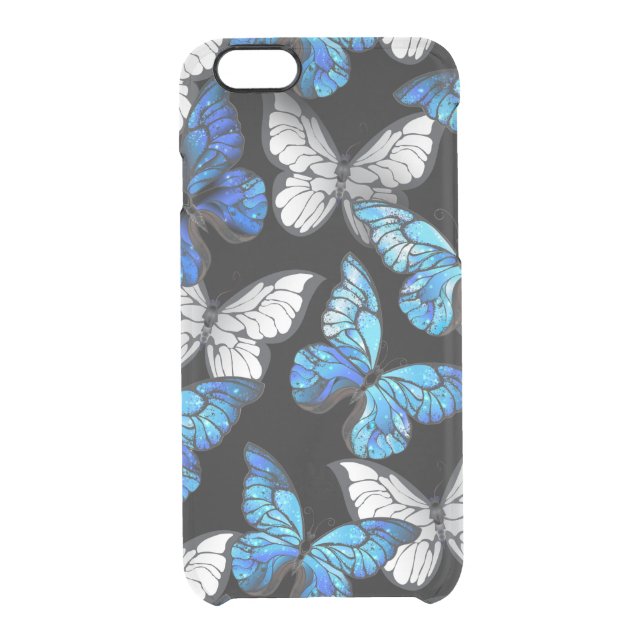 Dark Seamless Pattern with Blue Butterflies Morpho Uncommon iPhone Case (Back)