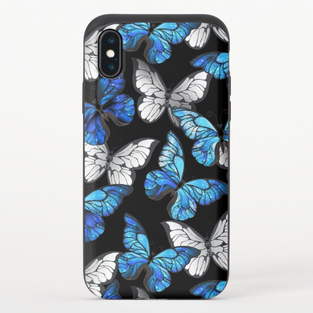 Dark Seamless Pattern with Blue Butterflies Morpho Uncommon iPhone Case (Back)