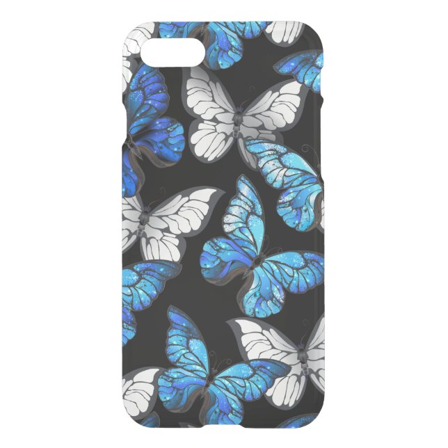 Dark Seamless Pattern with Blue Butterflies Morpho Uncommon iPhone Case (Back)