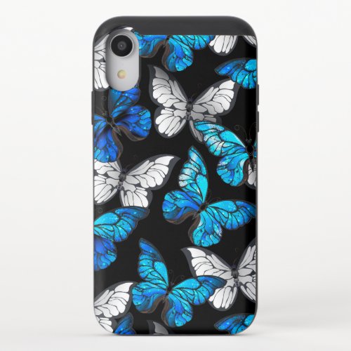 Dark Seamless Pattern with Blue Butterflies Morpho iPhone XR Slider Case