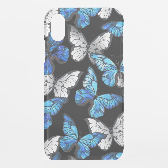 Dark Seamless Pattern with Blue Butterflies Morpho Uncommon iPhone Case (Back)