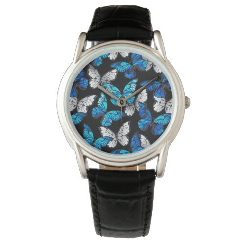 Dark Seamless Pattern with Blue Butterflies Morpho Watch