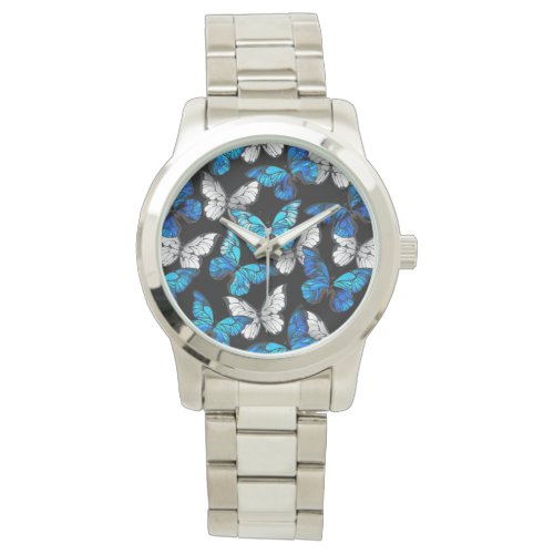 Dark Seamless Pattern with Blue Butterflies Morpho Watch