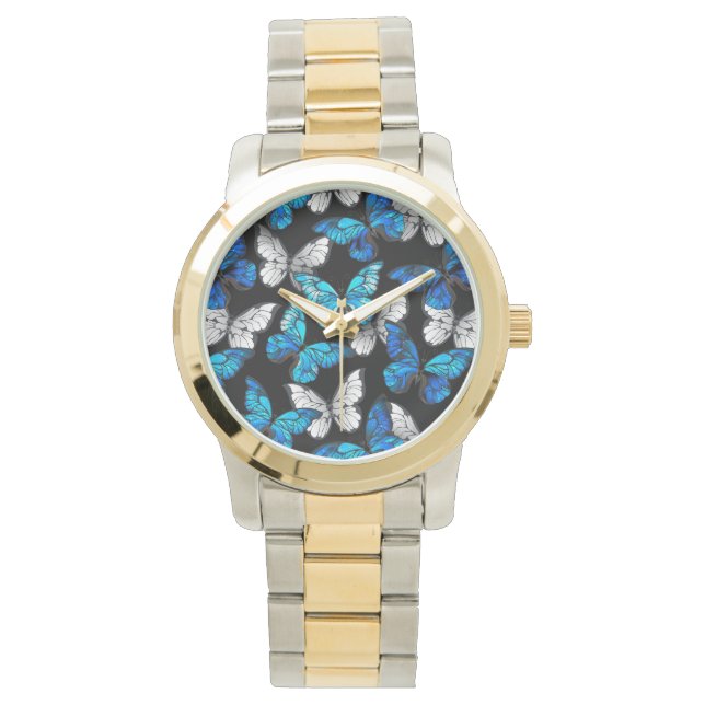 Dark Seamless Pattern with Blue Butterflies Morpho Watch (Front)
