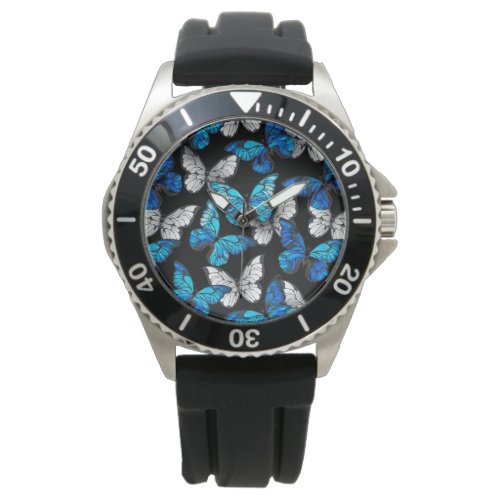 Dark Seamless Pattern with Blue Butterflies Morpho Watch