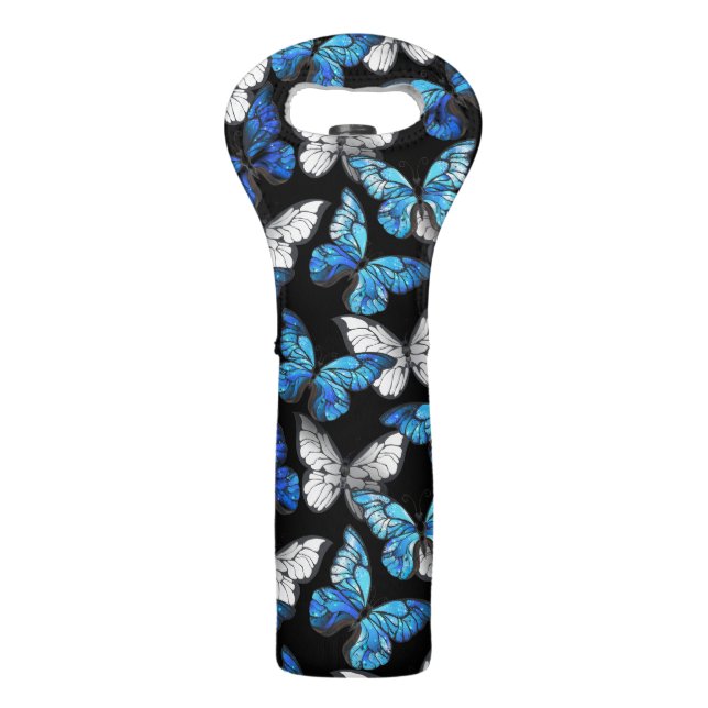 Dark Seamless Pattern with Blue Butterflies Morpho Wine Bag (Front)