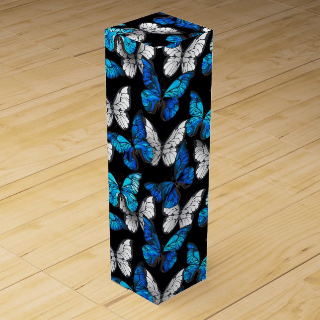 Dark Seamless Pattern with Blue Butterflies Morpho Wine Box (Front)