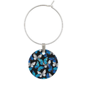 Dark Seamless Pattern with Blue Butterflies Morpho Wine Charm